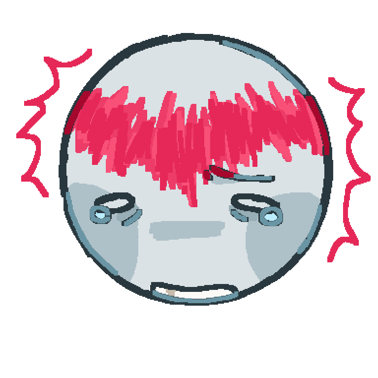 A ms paint style drawing of the head of a grey person who is wincing in pain. There is a red spiky line across their forehead to represent pain.